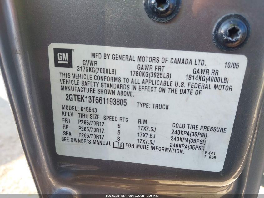 2006 GMC Sierra 1500 Sle2 VIN: 2GTEK13T561193805 Lot: 43241187