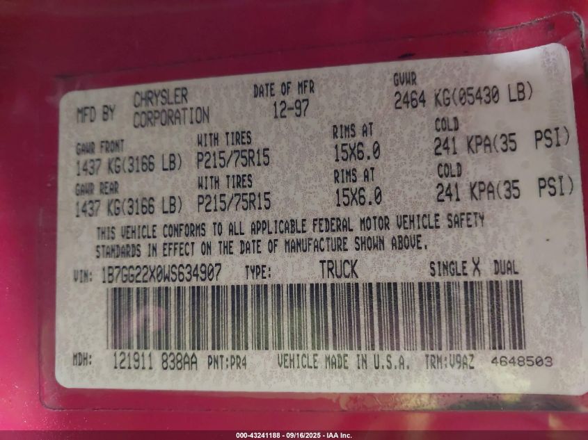 1998 Dodge Dakota Slt/Sport VIN: 1B7GG22X0WS634907 Lot: 43241188
