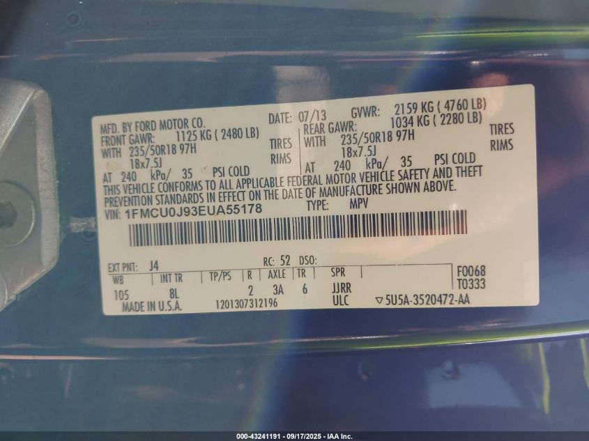 2014 Ford Escape Titanium VIN: 1FMCU0J93EUA55178 Lot: 43241191