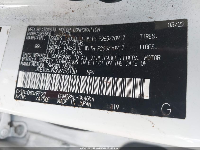 2022 Toyota 4Runner Trail Special Edition VIN: JTETU5JR3N6050130 Lot: 43241197