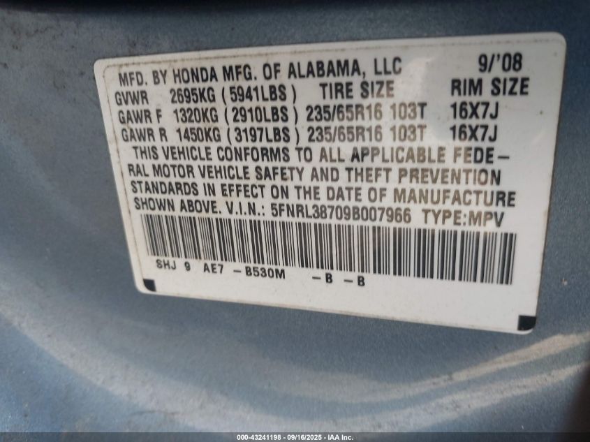 2009 Honda Odyssey Ex-L VIN: 5FNRL38709B007966 Lot: 43241198