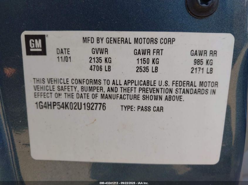 2002 Buick Lesabre Custom VIN: 1G4HP54K02U192776 Lot: 43241213