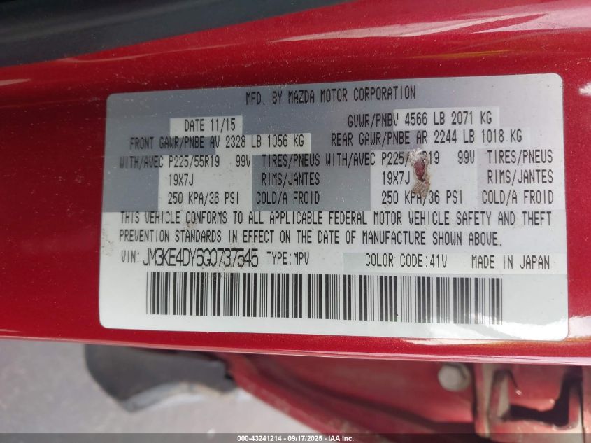 2016 Mazda Cx-5 Grand Touring VIN: JM3KE4DY6G0737545 Lot: 43241214