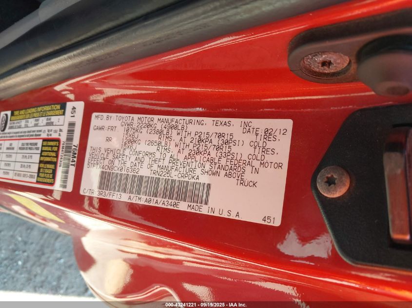 2012 Toyota Tacoma VIN: 5TFTX4CN9CX016362 Lot: 43241221