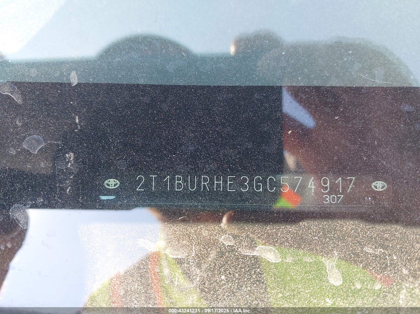 2016 Toyota Corolla S Plus VIN: 2T1BURHE3GC574917 Lot: 43241231