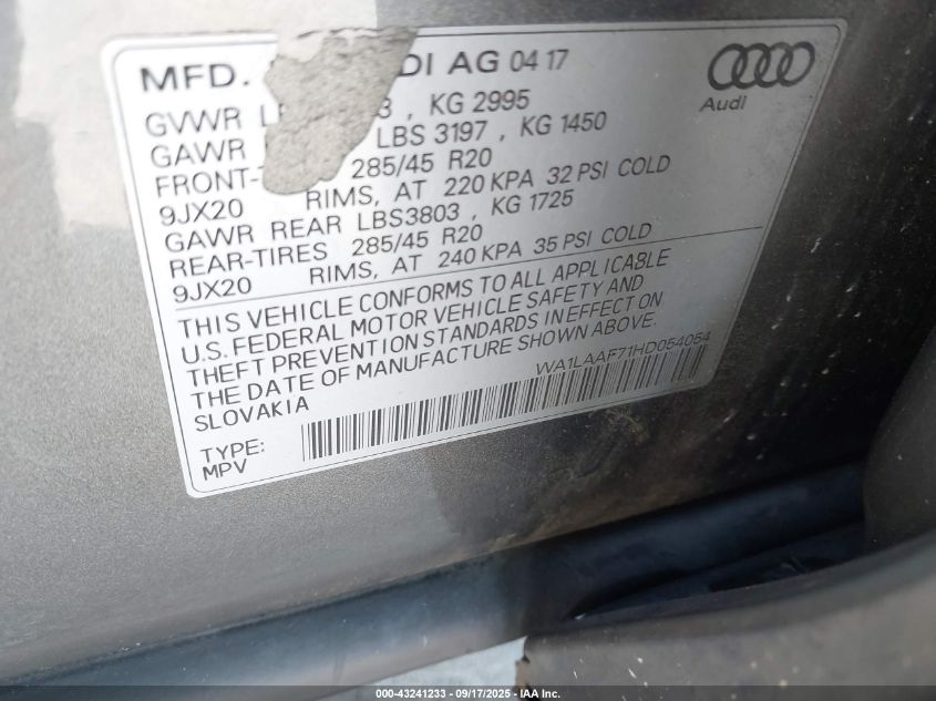 2017 Audi Q7 3.0T Premium VIN: WA1LAAF71HD054054 Lot: 43241233