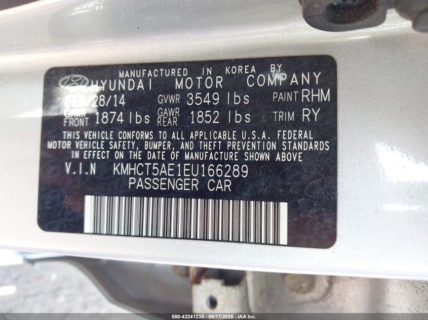 2014 HYUNDAI ACCENT GS KMHCT5AE1EU166289