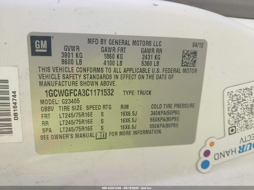 2012 Chevrolet Express 2500 Work Van VIN: 1GCWGFCA3C1171532 Lot: 43241246