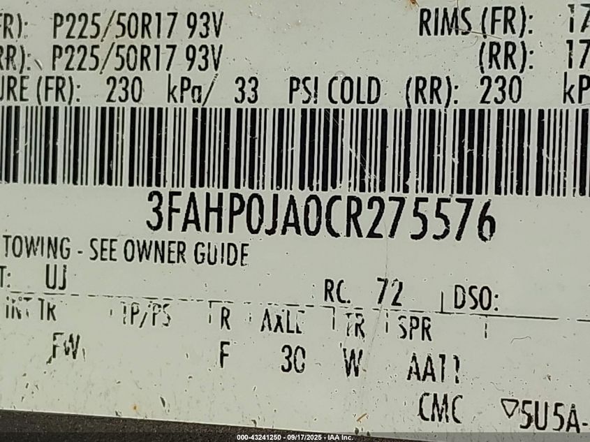 2012 Ford Fusion Sel VIN: 3FAHP0JA0CR275576 Lot: 43241250