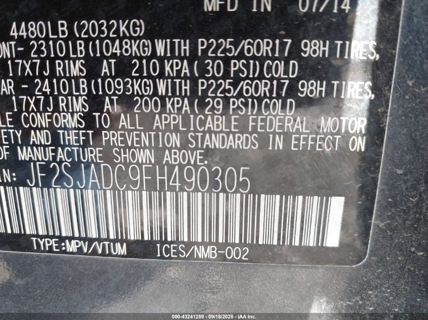 2015 Subaru Forester 2.5I Premium VIN: JF2SJADC9FH490305 Lot: 43241259