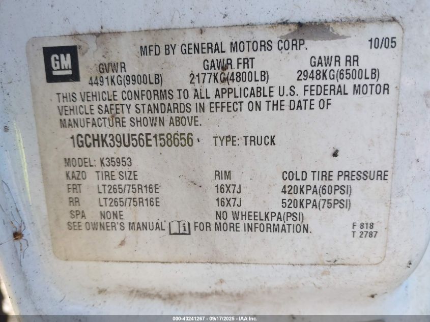 2006 Chevrolet Silverado 3500 Work Truck VIN: 1GCHK39U56E158656 Lot: 43241267