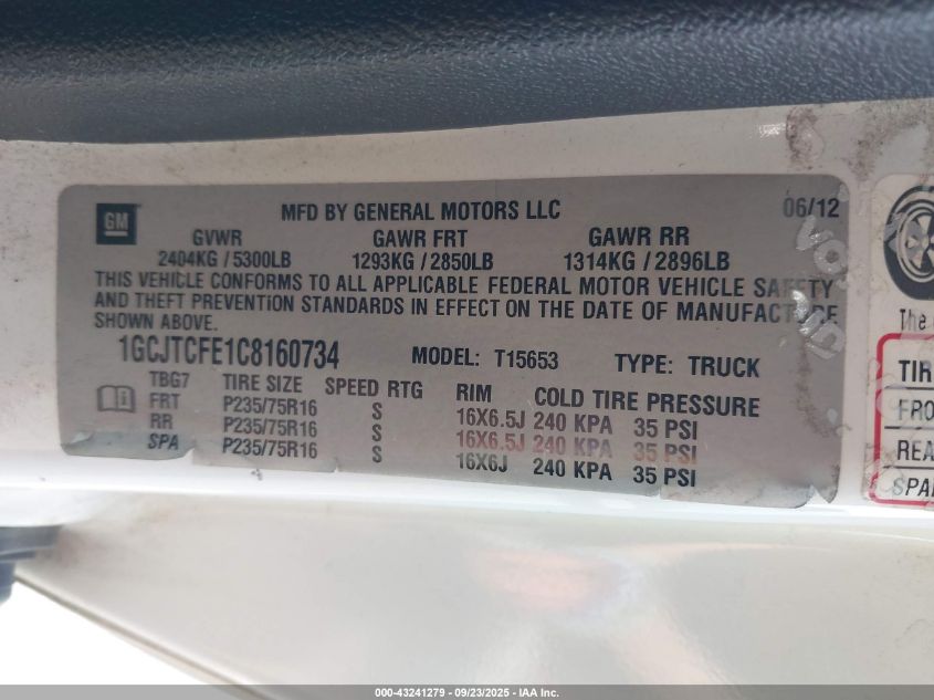 2012 Chevrolet Colorado 1Lt VIN: 1GCJTCFE1C8160734 Lot: 43241279