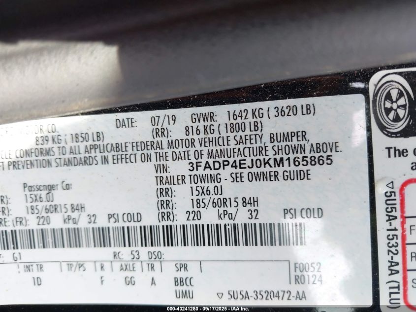 2019 Ford Fiesta Se VIN: 3FADP4EJ0KM165865 Lot: 43241280