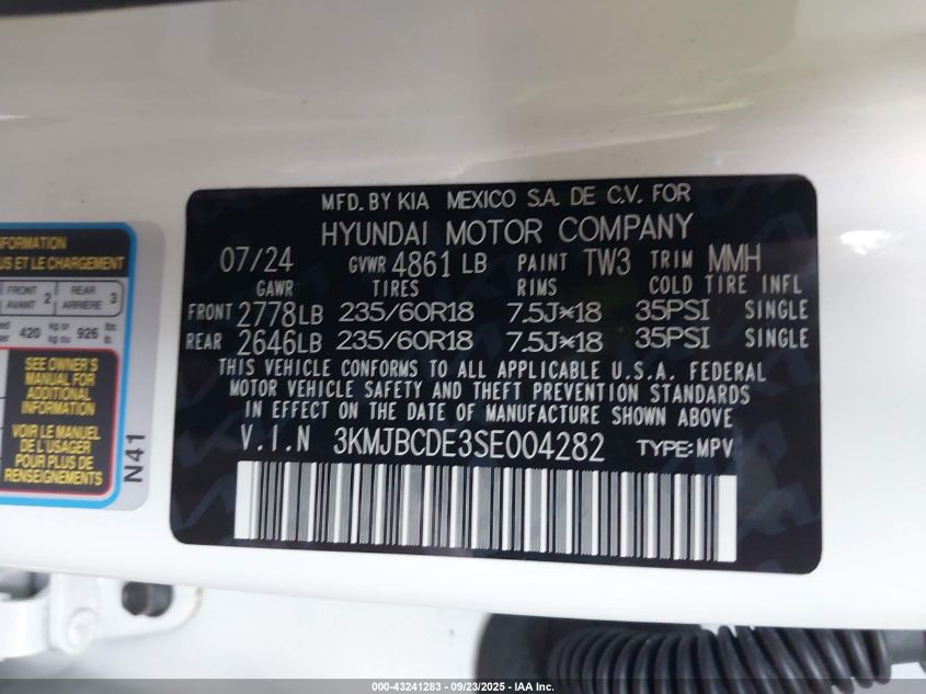 2025 Hyundai Tucson Sel VIN: 3KMJBCDE3SE004282 Lot: 43241283