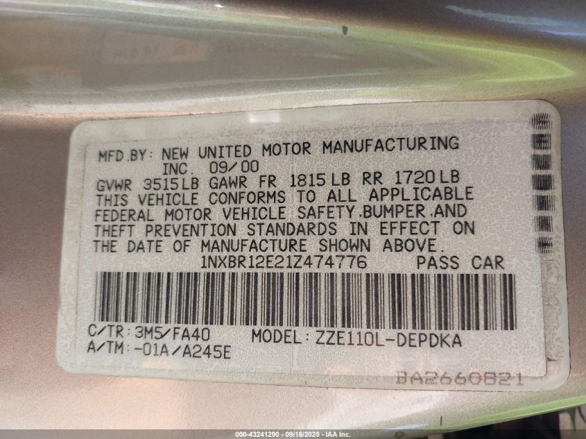 2001 Toyota Corolla Le VIN: 1NXBR12E21Z474776 Lot: 43241290