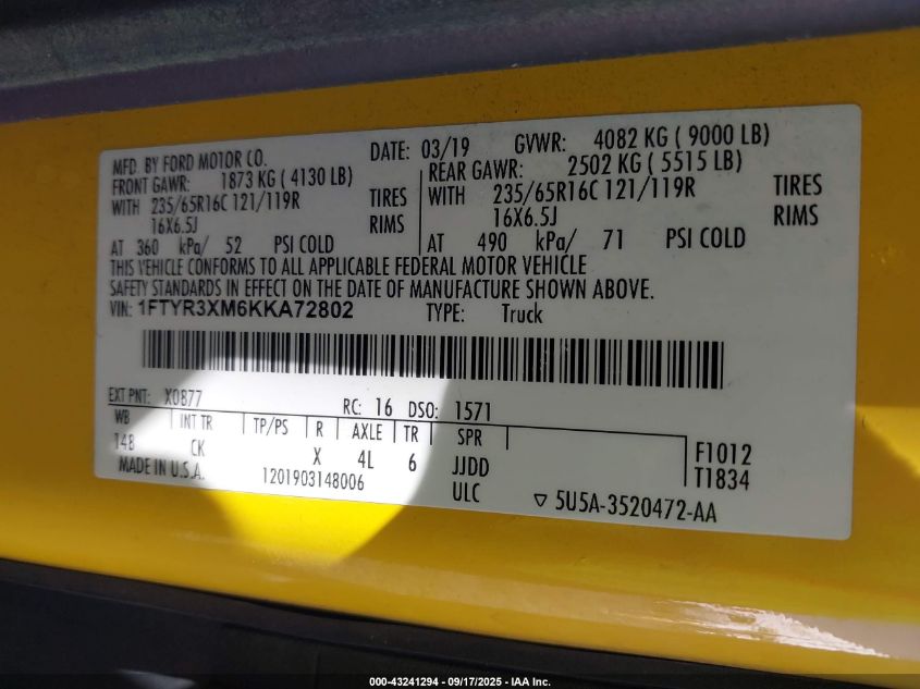 2019 Ford Transit-250 VIN: 1FTYR3XM6KKA72802 Lot: 43241294