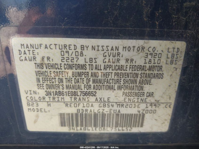 2008 Nissan Sentra 2.0Sl VIN: 3N1AB61E08L756652 Lot: 43241299
