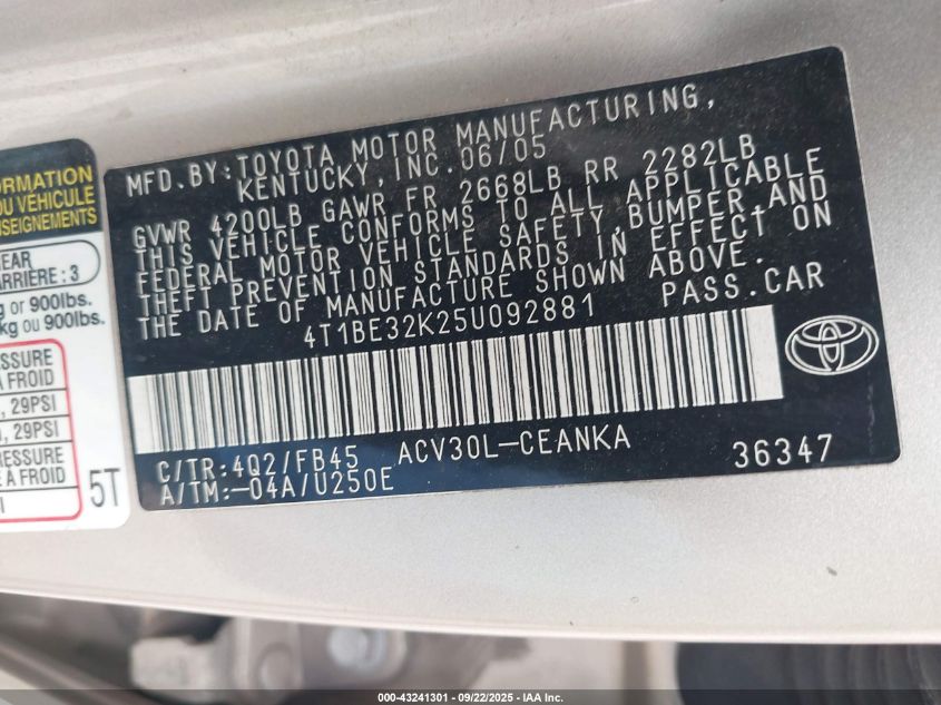 2005 Toyota Camry Std VIN: 4T1BE32K25U092881 Lot: 43241301