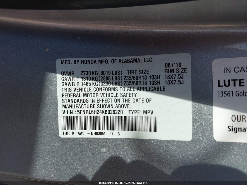 2019 Honda Odyssey Lx VIN: 5FNRL6H24KB028220 Lot: 43241315