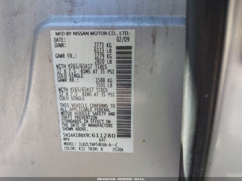 2009 Nissan Pathfinder Se VIN: 5N1AR18BX9C611280 Lot: 43241336