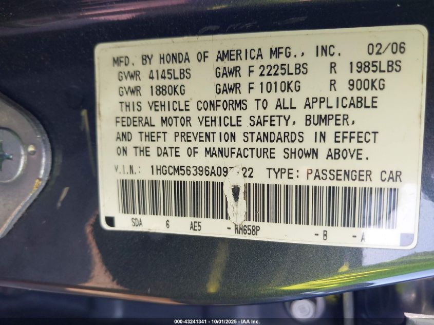 2006 Honda Accord 2.4 Se VIN: 1HGCM56396A097722 Lot: 43241341