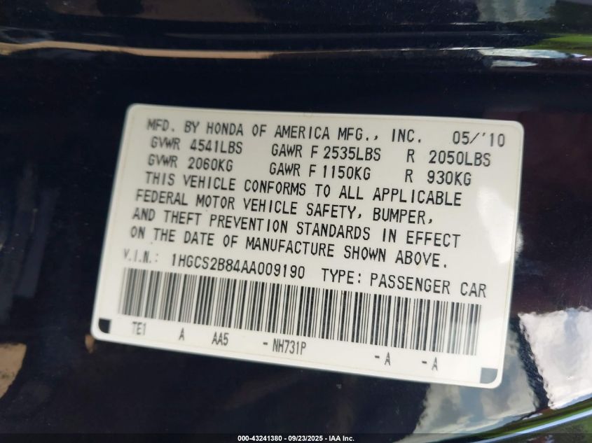 2010 Honda Accord 3.5 Ex-L VIN: 1HGCS2B84A1009190 Lot: 43241380