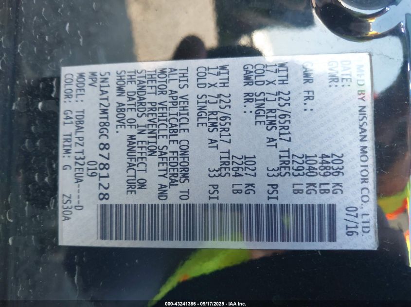 2016 Nissan Rogue S VIN: 5N1AT2MT8GC878128 Lot: 43241386