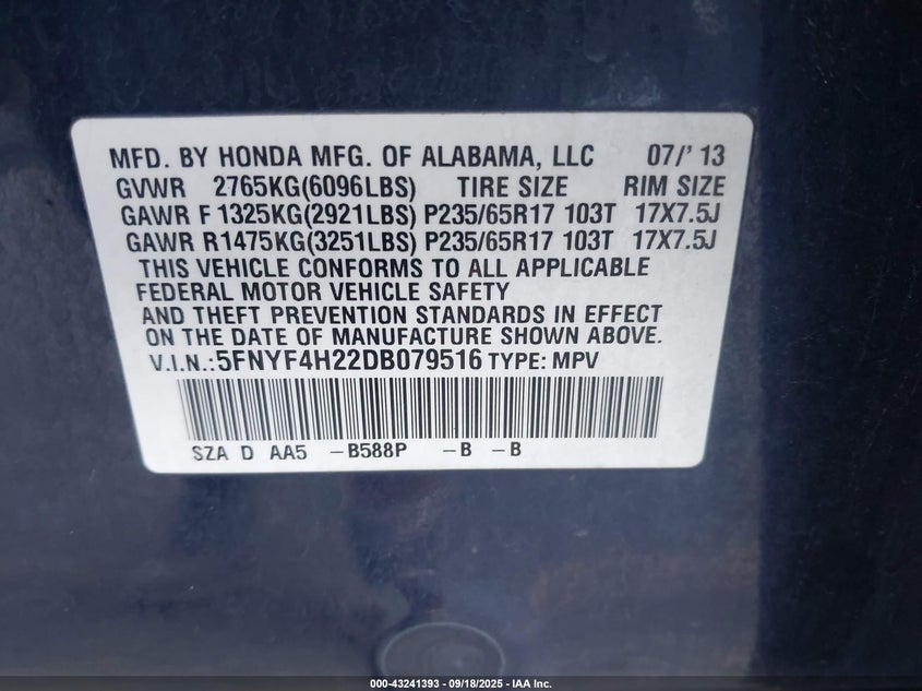 2013 HONDA PILOT LX - 5FNYF4H22DB079516