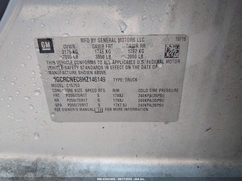 2017 CHEVROLET SILVERADO 1500 LS - 1GCRCNEC8HZ146149