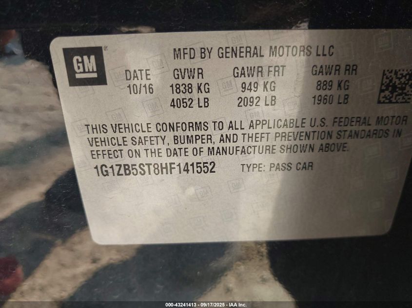 2017 Chevrolet Malibu Ls VIN: 1G1ZB5ST8HF141552 Lot: 43241413