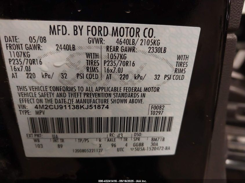 2008 Mercury Mariner V6 VIN: 4M2CU91138KJ51874 Lot: 43241416