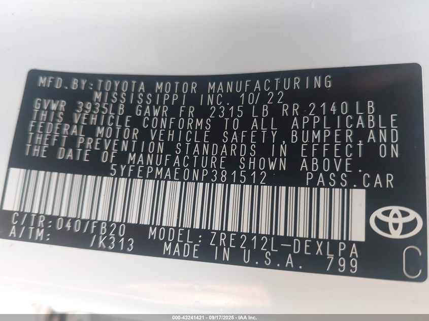 2022 TOYOTA COROLLA LE - 5YFEPMAE0NP381512