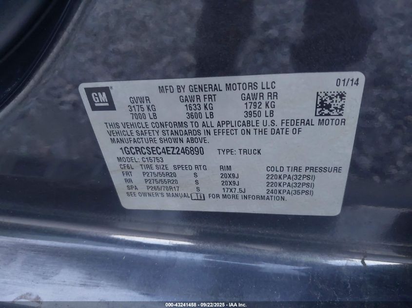 2014 Chevrolet Silverado 1500 1Lz VIN: 1GCRCSEC4EZ246890 Lot: 43241458