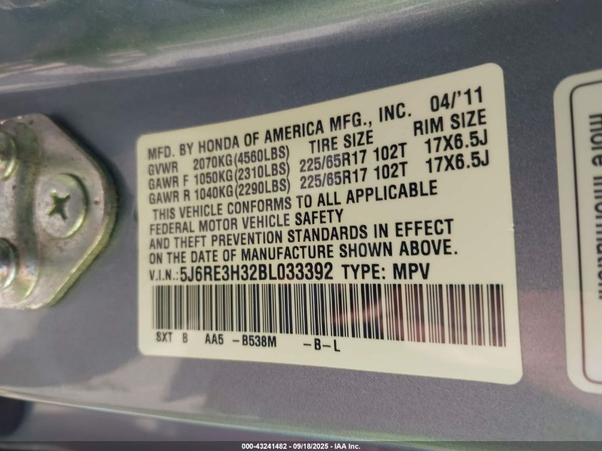 2011 Honda Cr-V Lx VIN: 5J6RE3H32BL033392 Lot: 43241482