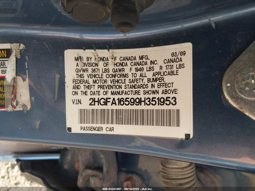 2009 Honda Civic Lx VIN: 2HGFA16599H351953 Lot: 43241497