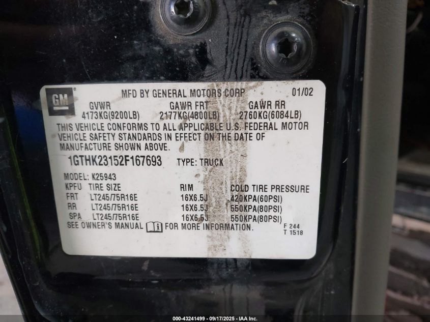 2002 GMC Sierra 2500Hd Sl VIN: 1GTHK23152F167693 Lot: 43241499