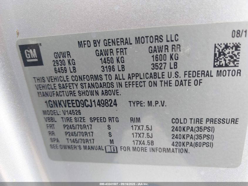 2012 Chevrolet Traverse Ls VIN: 1GNKVEED9CJ149824 Lot: 43241507