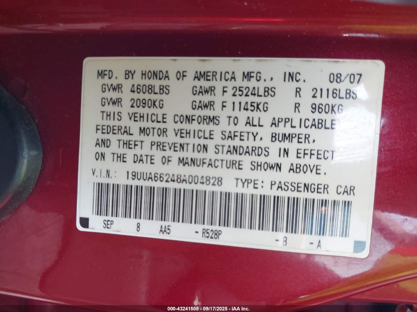 2008 Acura Tl 3.2 VIN: 19UUA66248A004828 Lot: 43241508