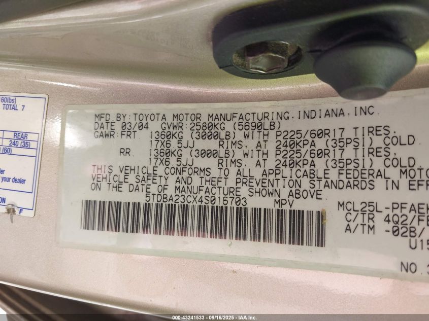 2004 Toyota Sienna Le VIN: 5TDBA23CX4S016703 Lot: 43241533
