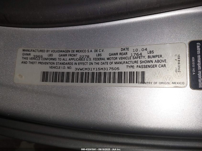2005 Volkswagen New Beetle Gls VIN: 3VWCM31Y15M317505 Lot: 43241541