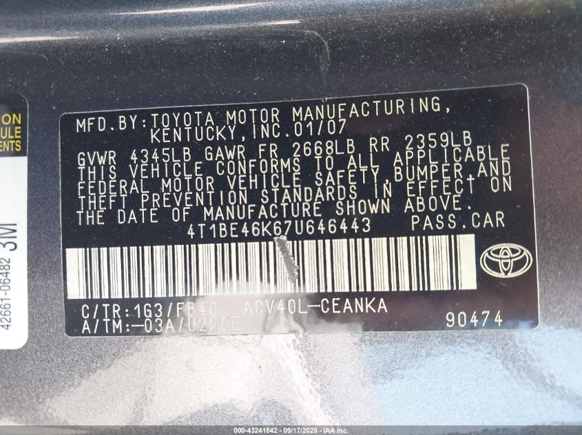2007 Toyota Camry Le VIN: 4T1BE46K67U646443 Lot: 43241542