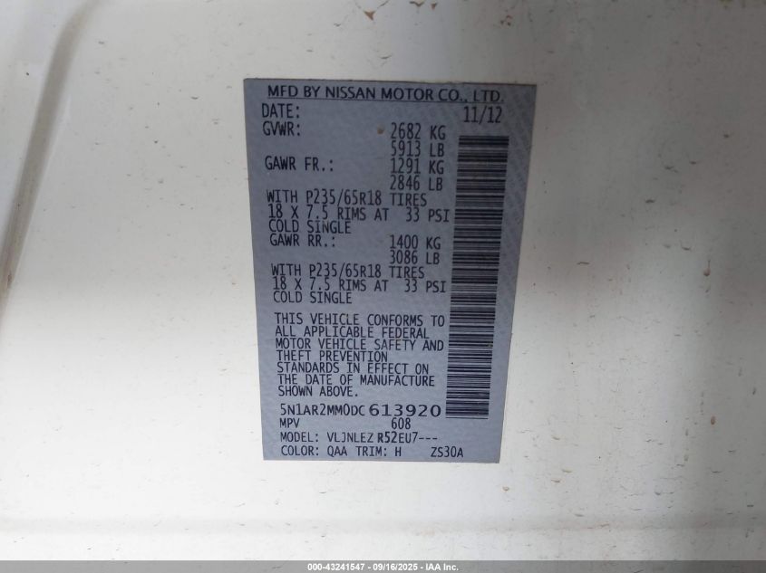 2013 Nissan Pathfinder Sv VIN: 5N1AR2MM0DC613920 Lot: 43241547