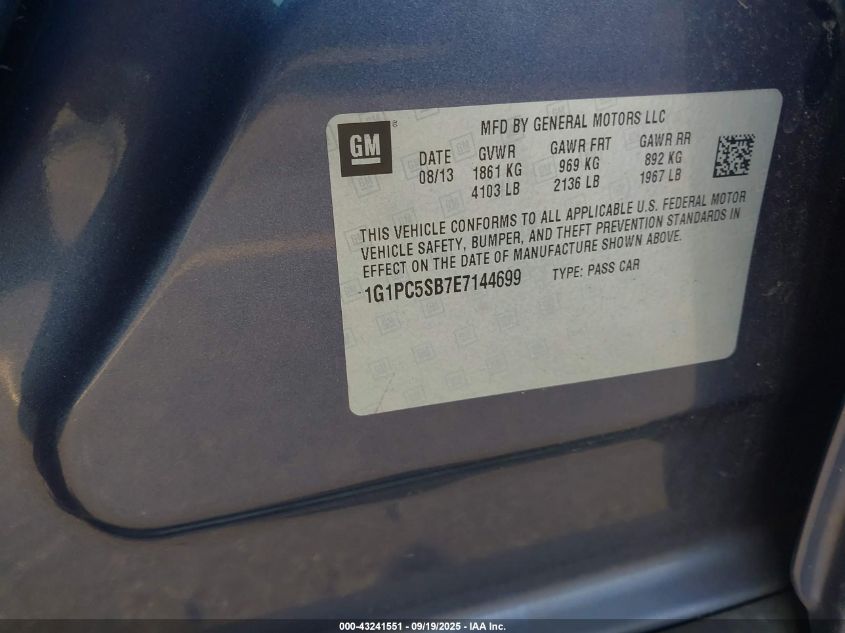 2014 Chevrolet Cruze 1Lt Auto VIN: 1G1PC5SB7E7144699 Lot: 43241551