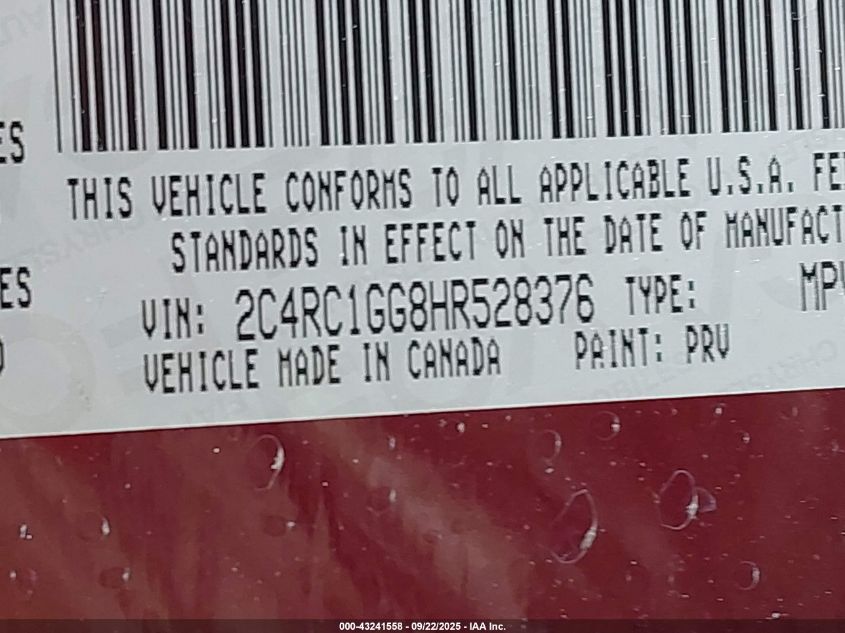 2017 Chrysler Pacifica Limited VIN: 2C4RC1GG8HR528376 Lot: 43241558