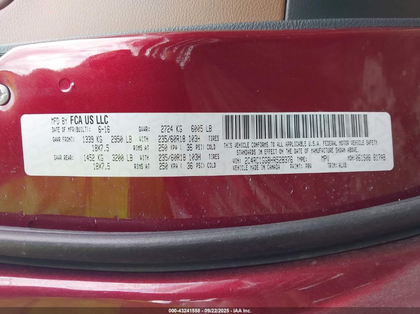 2017 Chrysler Pacifica Limited VIN: 2C4RC1GG8HR528376 Lot: 43241558