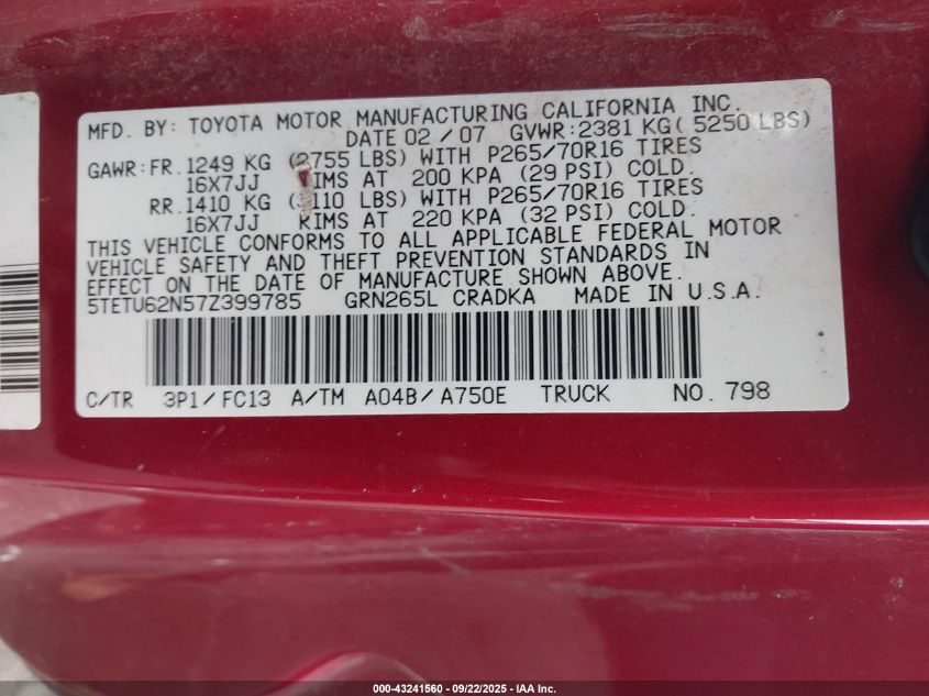 2007 Toyota Tacoma Prerunner V6 VIN: 5TETU62N57Z399785 Lot: 43241560