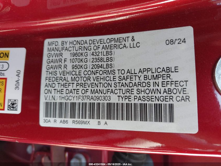 2024 Honda Accord Ex VIN: 1HGCY1F37RA090303 Lot: 43241584