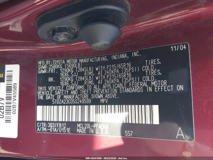 2005 Toyota Sienna Le VIN: 5TDZA23C05S249599 Lot: 43241596
