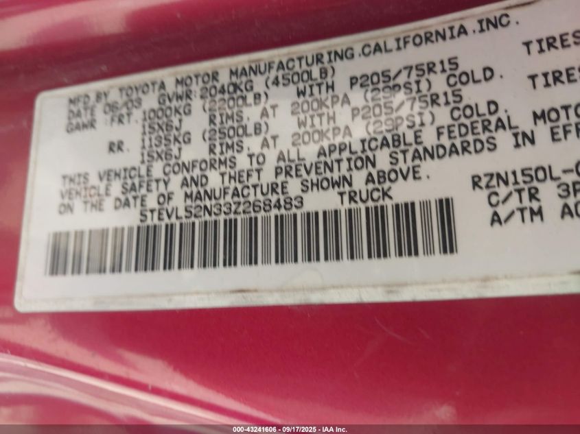 2003 Toyota Tacoma VIN: 5TEVL52N33Z268483 Lot: 43241606