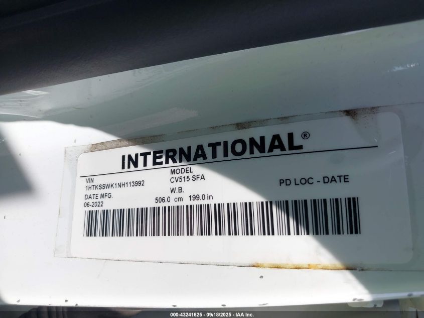 2022 International Cv VIN: 1HTKSSWK1NH113992 Lot: 43241625
